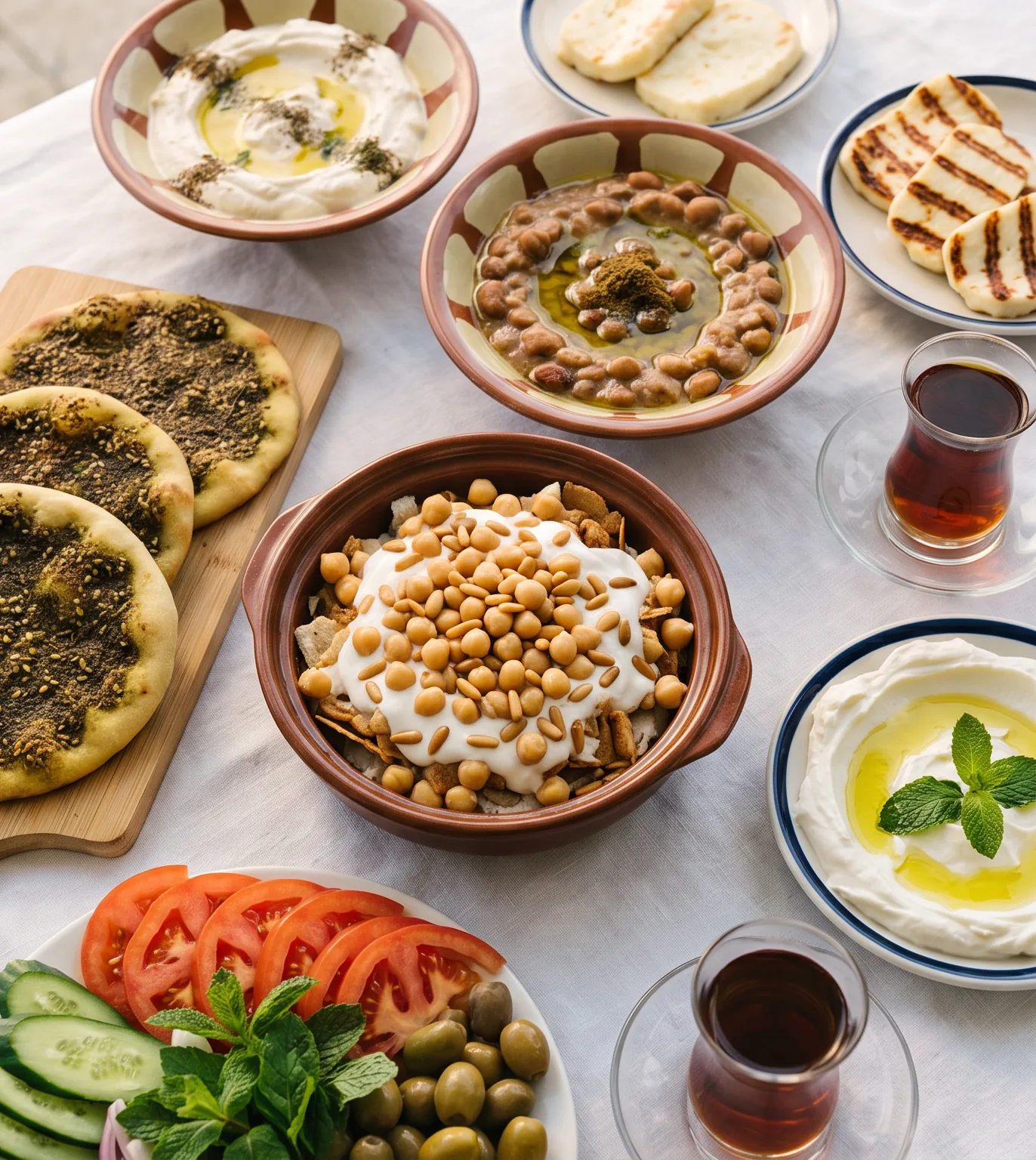 A Lebanese breakfast of foul, fatteh, za'atar manakish, halloumi and labneh on white linen