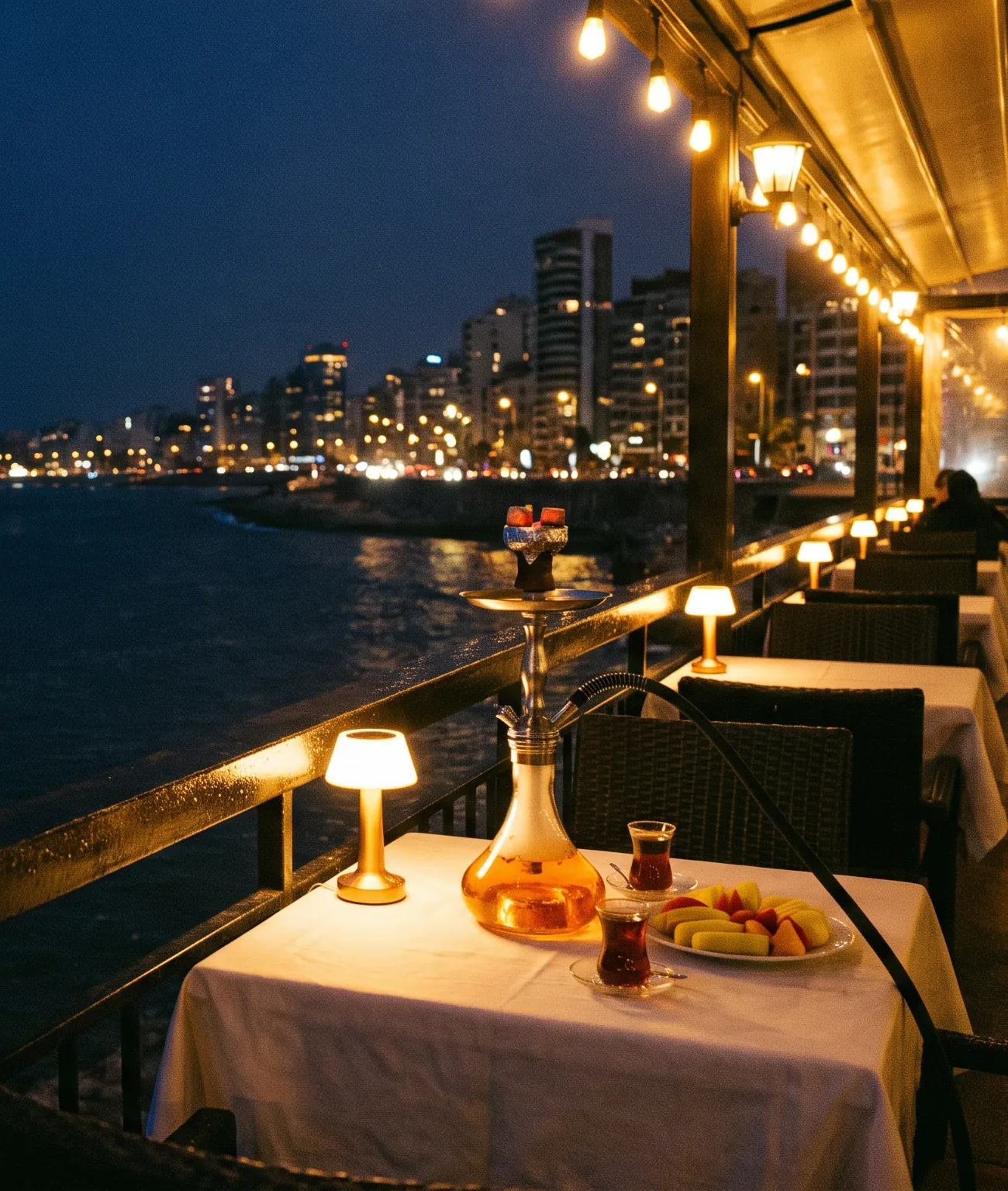 Narguileh and tea on a lamplit table with the lights of the Beirut coast behind