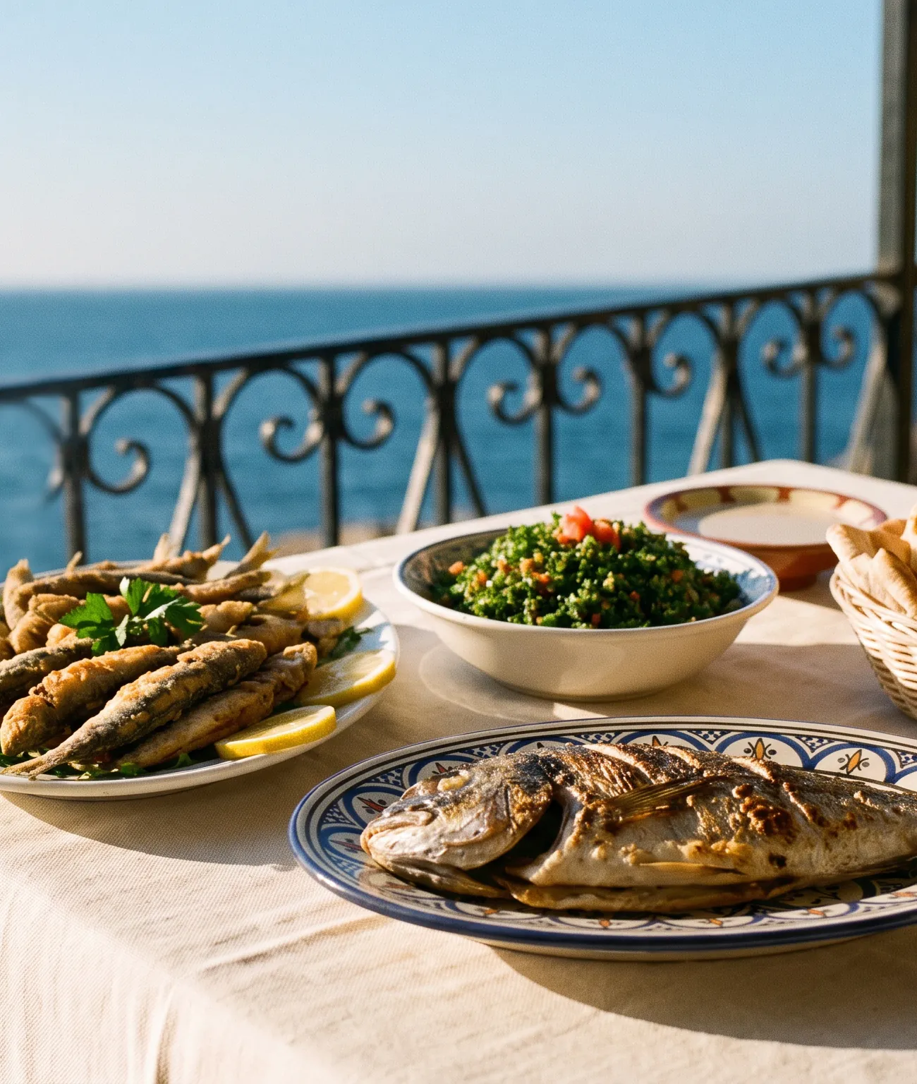 Fried sardines with lemon, grilled sea bream and tabbouleh on a table above the Mediterranean